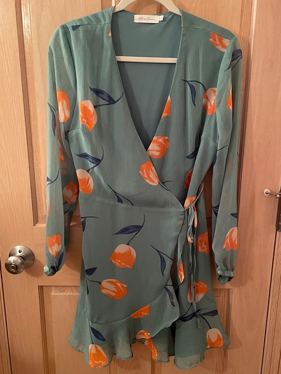 All in Favor Dresses & Skirts - All in Favor Sage Green Wrap Dress with Orange Floral Print